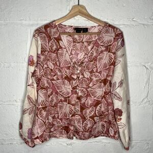 Tahari Women's Linen Long Sleeve Tropical Botanical Button V-Neck Blouse Small